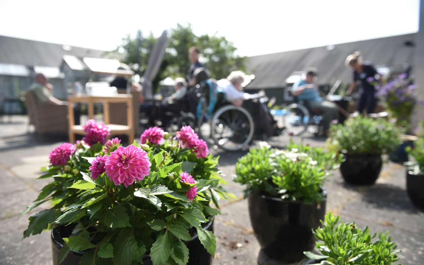 Terrasse med blomsterkrukker hos Dronning Plejecenter